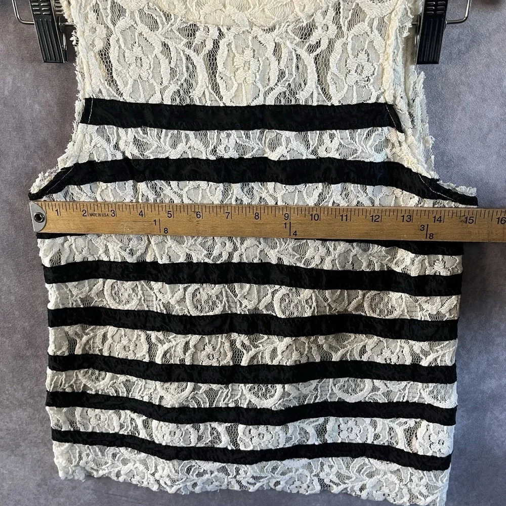 Free People Lace Tank Top Womens XS Ivory Black Striped Sleeveless Button Back